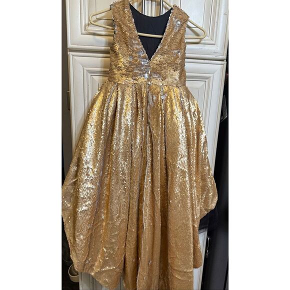 Custom Made Girls Sequined Sleeveless Tulle Hi-Low Dress Gold Black Size 5-6 - Picture 5 of 13